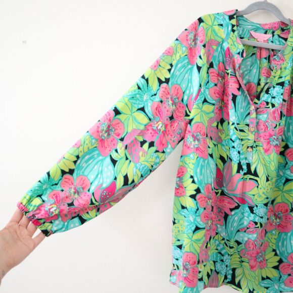 Lilly Pulitzer Size S 100% Silk Elsa Skip On It Top Blouse Frogs Floral - Picture 6 of 13